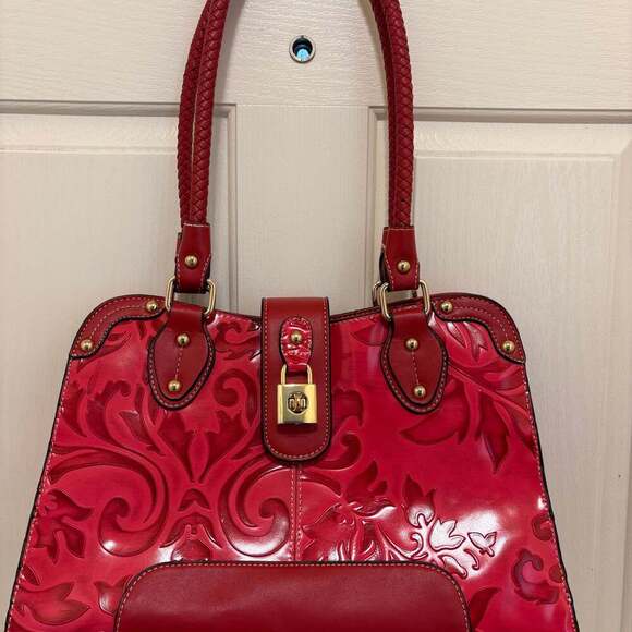 Madi Claire Red Embossed Genuine Leather Satchel Handbag With Feet - Picture 1 of 8